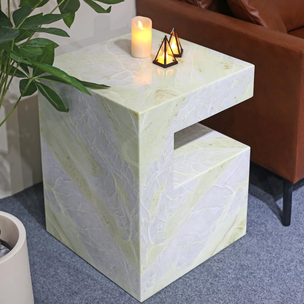 Natural Marble C-Shaped End Table, Luxurious Handmade Coffee Table Suitable for for Living Room Bedroom Bathroom Small Spaces, No Installation Marble Sofa Table for Modern Home Decor