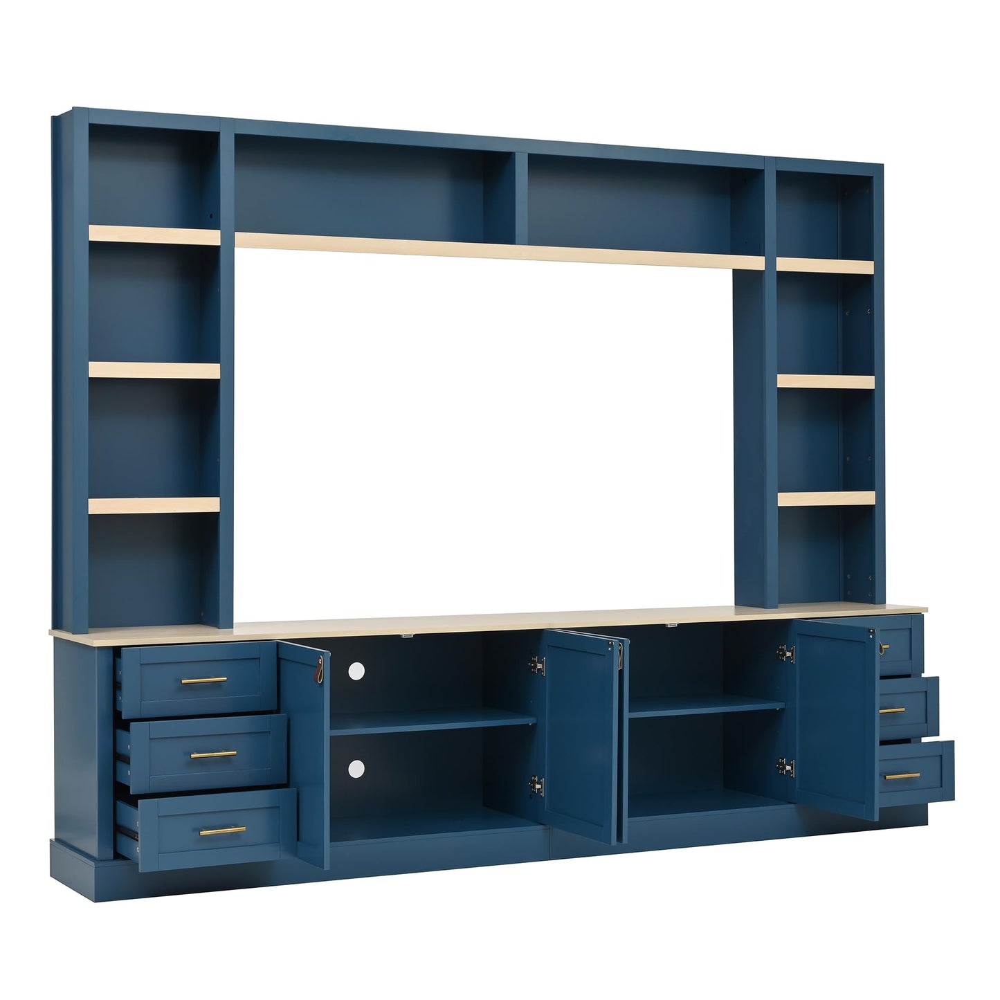 Merax 102.3 Inch Wide Farmhouse Entertainment Center, Rustic TV Stand with 6 Drawers & Adjustable Shelves, Large Media Console for TVs up to 75", Modern Bookshelves Wall Unit, Blue