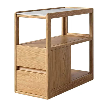 YingjiaLife Couch Side Table,with Scroll Wheels Mobile Dining Side Table,Narrow Bedside Table with Storage Function （Oak Color, 26.77" Dx 11.81" W x 23.23" H for Living Room Bedroom,Restauran Use