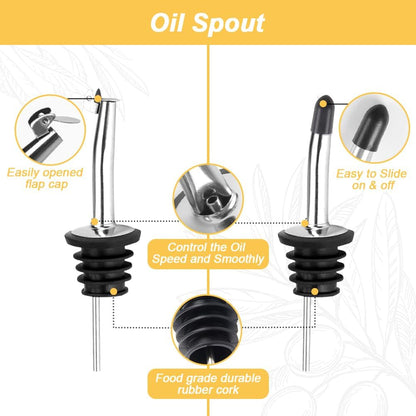 TFPOGOLD Olive Oil Dispenser Bottle - 500ml Glass Oil and Vinegar Bottles Set for Kitchen with 2 Stainless Steel Pourers, Funnel, Brush and 2 Labels, Kitchen Oil Bottles with Drip-Free Design