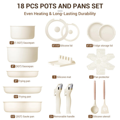 Ammeloo 18-Piece Ceramic Pots and Pans Set Non Stick, Non Toxic Cookware Set with Removable Handles, Pot Sets for Cooking, Induction Ready, Dishwasher & Oven Safe, PFAS PFOA & PTFE Free (Cream White)