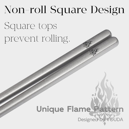 Youda 5 Pairs 99.8% Pure Titanium Chopsticks (9.45") - Extra Long Non-Roll Square Design & Grooved Grip - Lightweight 0.8oz, Flame Pattern - Dishwasher Safe for Asian Cuisine -Gift for Foodies(Silver)