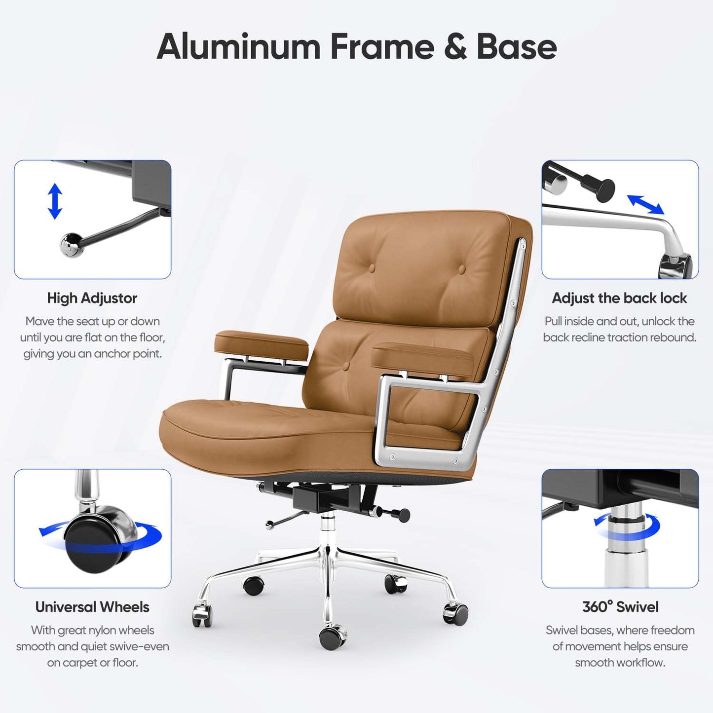 Genuine Leather Office Chair, Mid Back Executive Desk Chairs with Aluminum Arms and Wheels, Swivel Office Leather Chair with Thickened Backrest and Ergonomic Lumbar Support, Light Brown