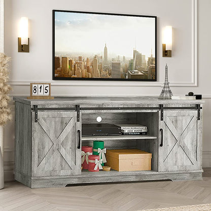 IDEALHOUSE Farmhouse TV Stand, Entertainment Center for 65 Inch TV Media Console Cabinet, White Barn Doors TV Stand with Storage and Shelves, Modern TV Console Table Furniture for Livingroom (Gray)