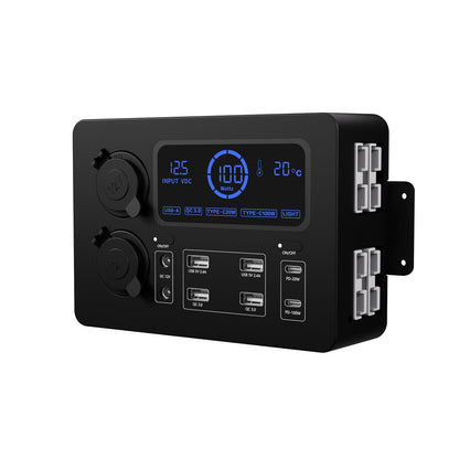 HUIOP Power Box,Mini Power Box, 12V 100W LCD Display Power Box with LED Lights, USB-C & QC3.0 Ports, Portable Control Hub for RVs, SUVs, Boats, Yachts, Cars
