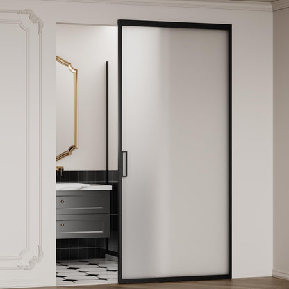 40" x 87" Frosted Glass Barn Door, Concealed Sliding Barn Door with Soft Close, Waterproof Modern Sliding Door for Bathroom/Kitchen Privacy, 5/16"(8mm) Tempered Glass, Fits 28"-36"W x 72"-85"H, Black