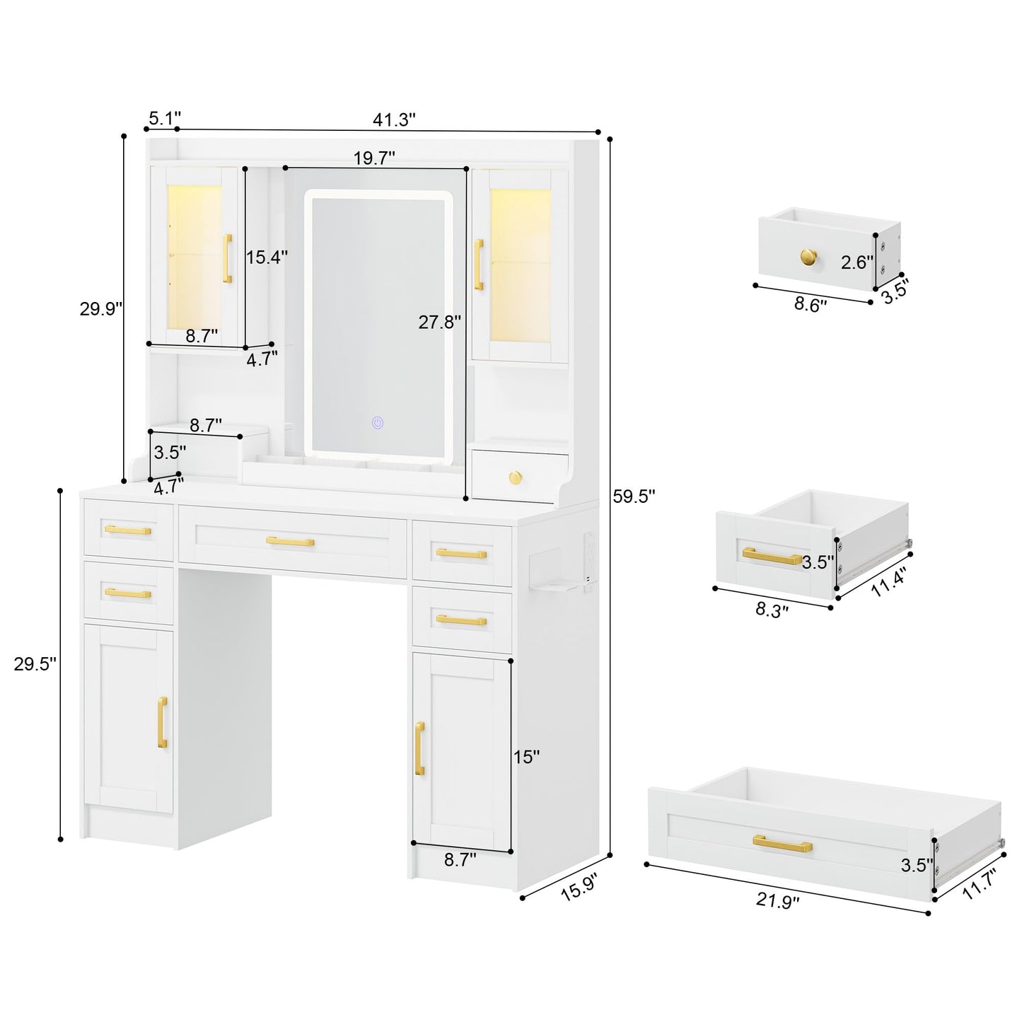 NBYSGO White Vanity with Mirror and LED Lights, Large Makeup Table Set with 2 Display Cabinets, 6 Drawers & 2 Storage Cabinets for Bedroom Dressing Room