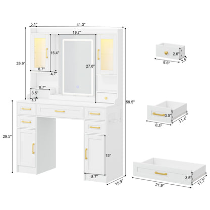 YBXGO Vanity Desk with Mirror and Light, Makeup Vanity Table with Drawer and Storage Dresser, 3 Lighting Modes Adjustable Brightness, Bedroom Dressing Table