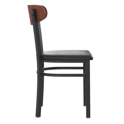 Flash Furniture Wright Set of 2 Commercial Dining Chairs - Walnut Wood Boomerang Back - Black Vinyl Seat - 500 LB. Capacity Black Steel Frame-Integrated Footrest