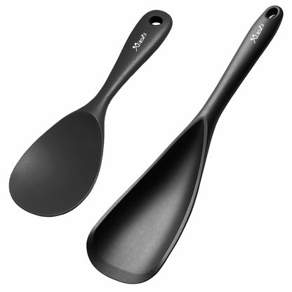 Cooking Spoon and Rice Scooper Set for Nonstick Cookwares, Heat Resistant- Seamless Design, Great for Cooking, Serving, Mixing, Scoop, and Scrape,2 Pack, Black