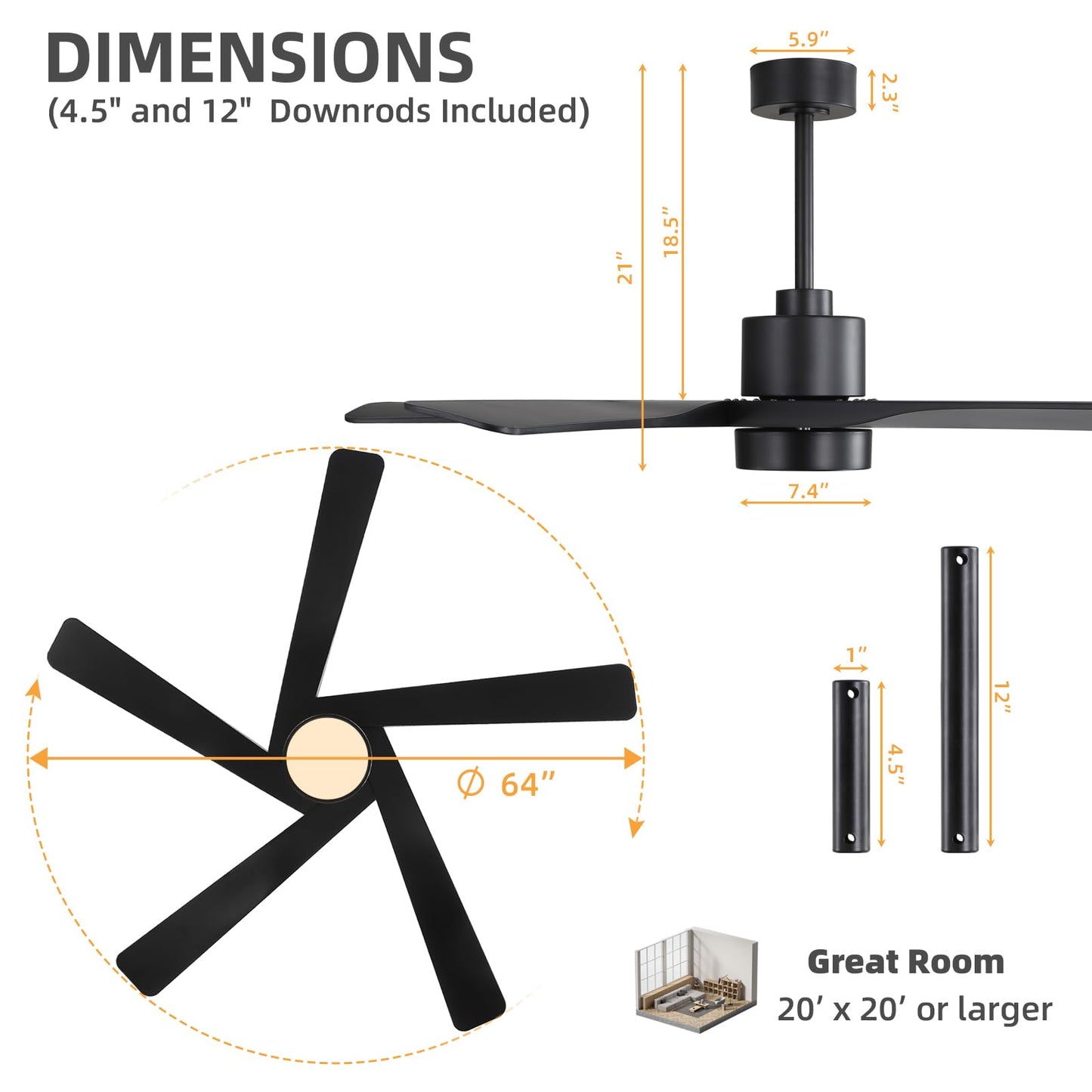 WINGBO 64" ABS DC Ceiling Fan with Lights, 5 Blade ABS Plastic Ceiling Fan with Remote, 6-Speed Reversible DC Motor, LED Ceiling Fans for Kitchen Bedroom Living Room, Matte Black