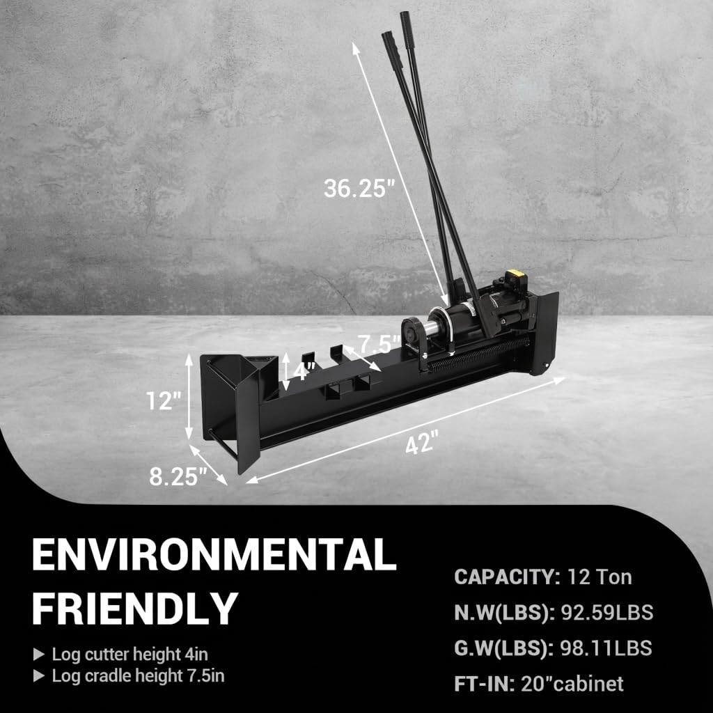 FinerFurnis 12 Ton Hydraulic Manual Log Splitter - Heavy Duty Full Steel Construction - 2-Speed Hand Operation, Spring-Loaded Return, Built-in Wheels, Splits Logs Up to 18.7" - Portable Firewood