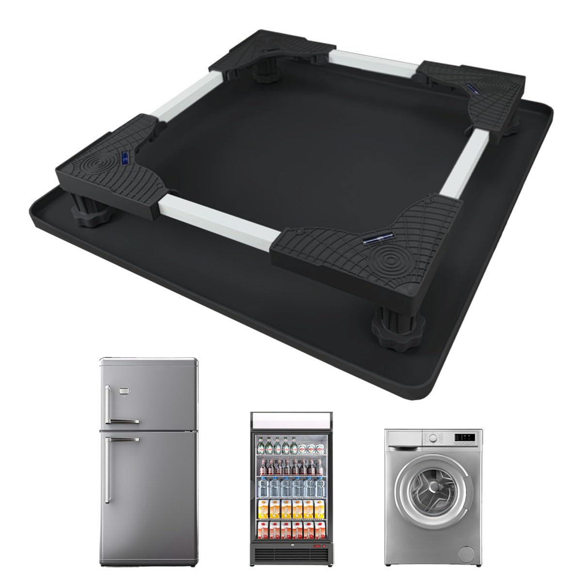 KUPAO Mini Fridge Stand with Silicone Drip Tray, Universal Adjustable Base with 4 Strong Feet, 23.6" x 23.6" Mini Fridge Mat, Suitable for Small Refrigerators, Portable Compact Washer or Dryer, Black