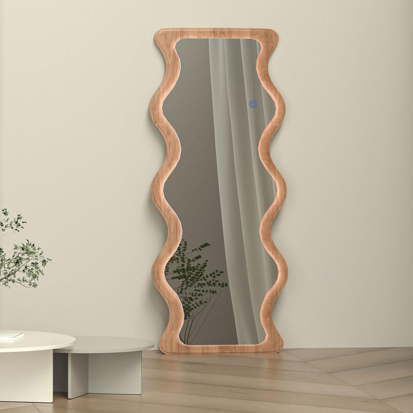 COOL2DAY 65" x 24" Led Wavy Full Length Mirror with Lights, Shatter-Proof Hanging/Leaning Irregular Wall Mirror, Wooden Led Floor Mirror for Dressing Bedroom Living Room