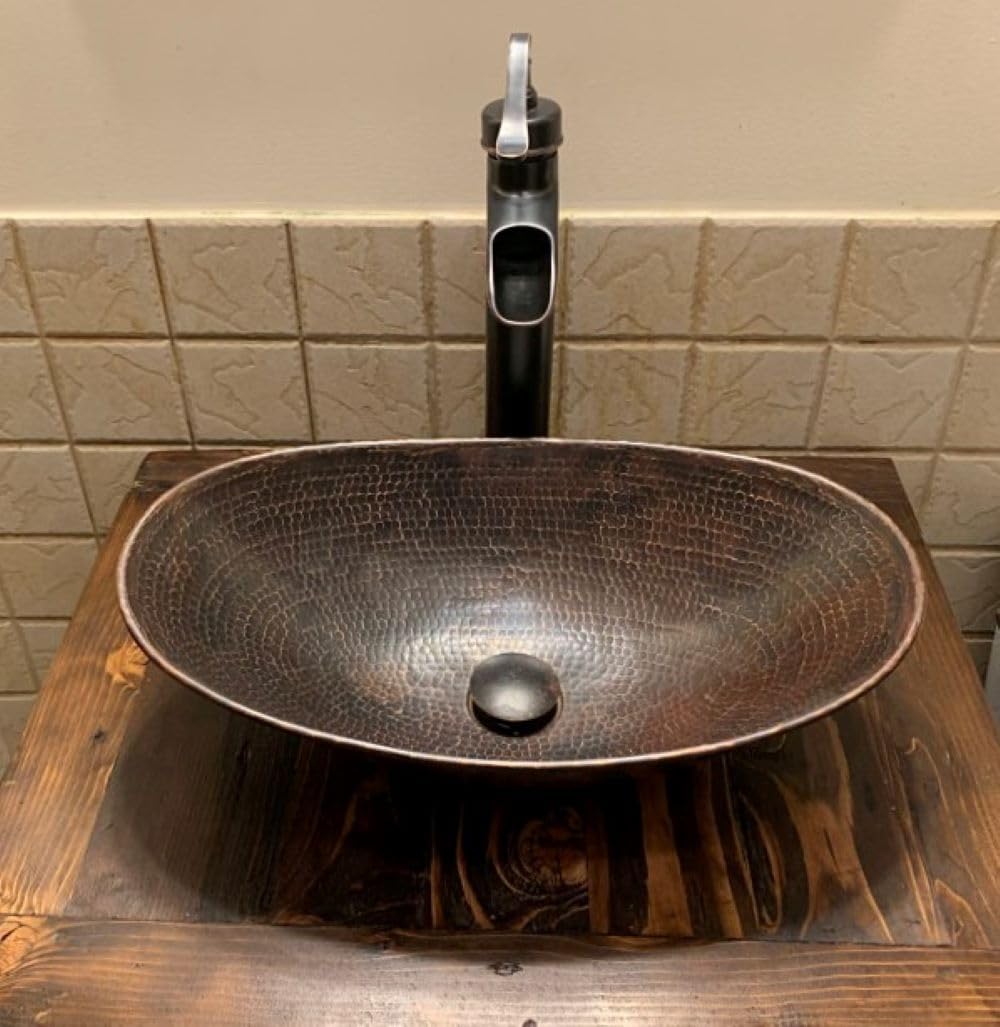 Simply Copper 17" Copper Vessel Bathroom Sink with Included Pop Up Drain and 13" ORB Waterfall Faucet