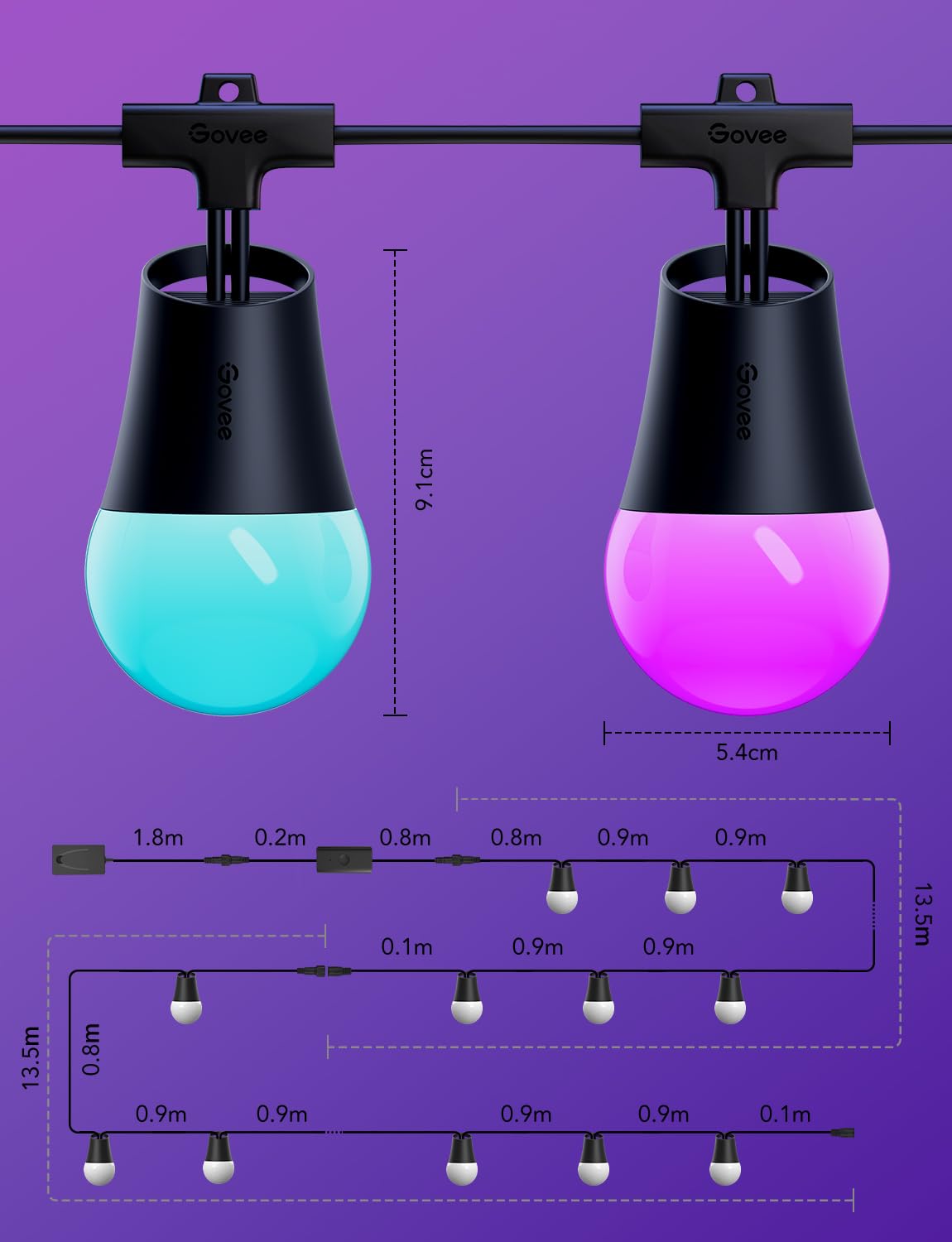 Govee Smart Outdoor String Lights 2, 144ft Outdoor Lights with Dimmable Warm White LED Bulbs, 47 Scene Modes for Patio, Backyard, Balcony, IP65 Waterproof, Works with Alexa, App Control