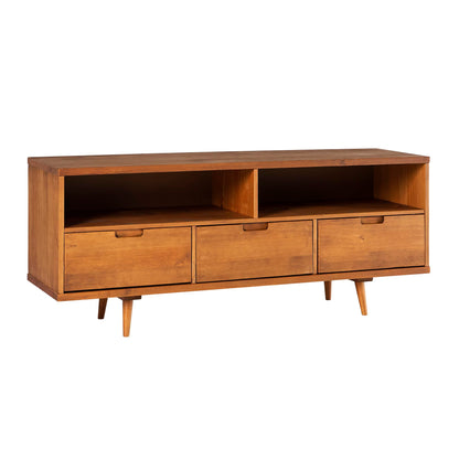 Walker Edison 3-Drawer Mid Century Modern Wood TV Stand for TV's up to 65" Flat Screen Cabinet Door Living Room Storage Entertainment Center, 58 Inch, Caramel