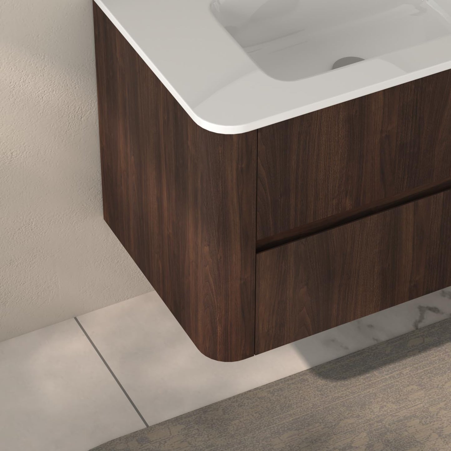 GDFStudio 30" Wall Mounted Bathroom Vanity with Sink,Floating MDF Cabinet with Soft-Close Double Drawers,Vanity with White Ceramic Integrated Basin, Modern Space-Saving Bathroom Storage,Dark Walnut