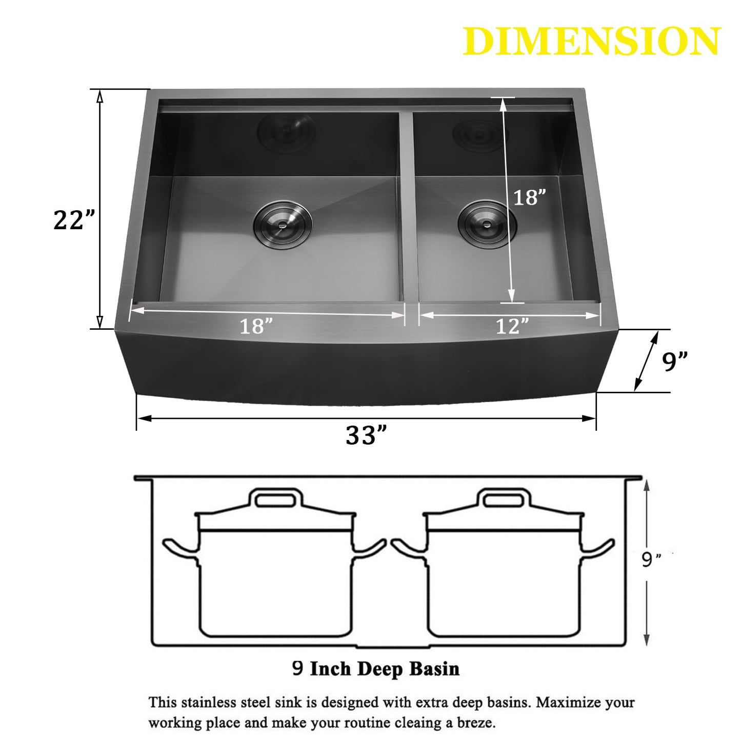 SHACO Double Bowl 60/40 Black Farmhouse Sink, 33x22 Inch Stainless Steel Apron Front Divided Double Basin Farmhouse Kitchen Sink, Gunmetal Black Farm Workstation Sink