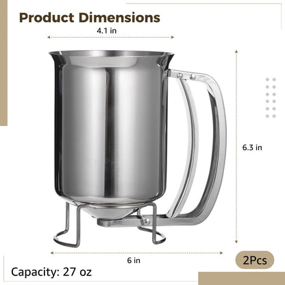 2 PCS Stainless Steel Batter Dispenser, 27 oz Pancake Batter Dispensing Container with Handle, Manual Cupcake Mix Dispenser for Cooking, Baking, Candle Making, Kitchen and DIY Use