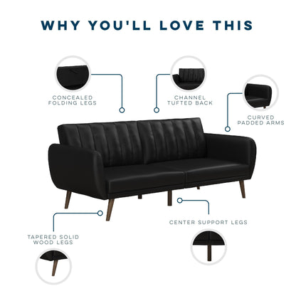 Novogratz Brittany 82 Inch Futon Sofa Bed in Faux Leather, Upholstered Couch Sleeper with Tufted Back, Mid-Century Modern Design, Black