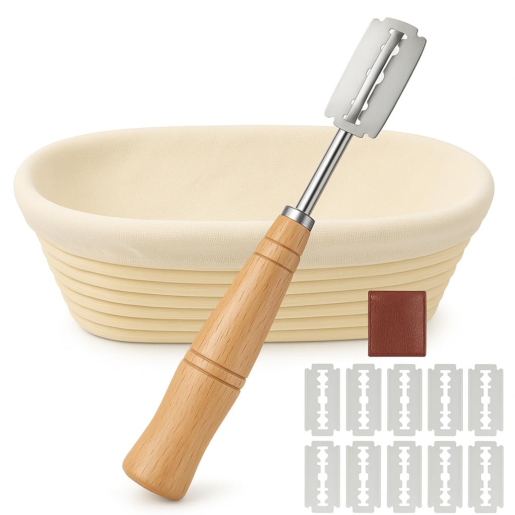 Saint Germain Bakery Oval Banneton Proofing Basket and Bread Lame Set – 10 Inch Rattan Basket with Liner, Razor Blades & Leather Cover – Sourdough Bread Baking Kit Gift for Artisan Bakers