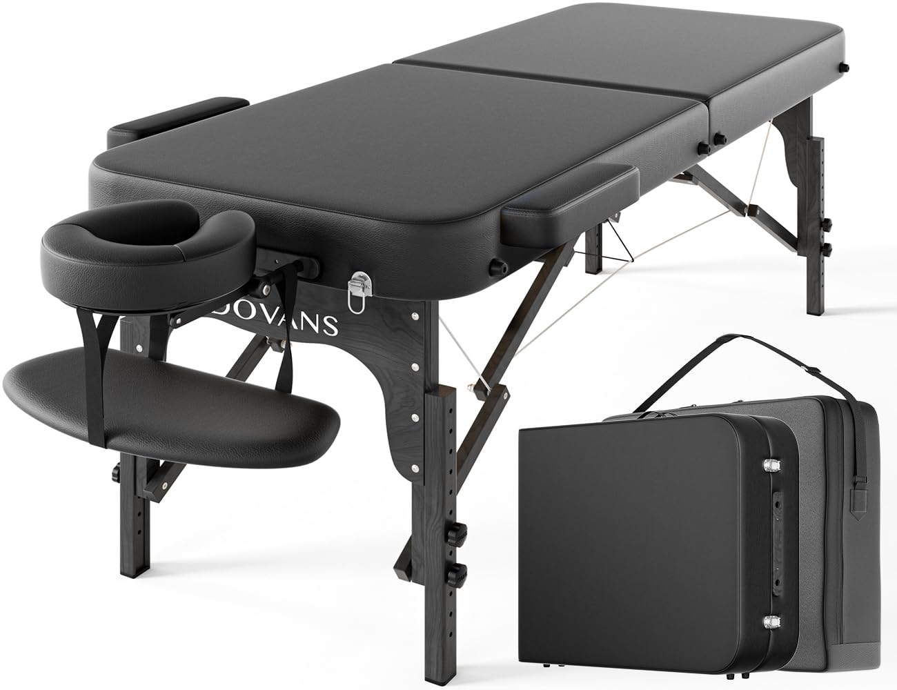 DOVANS Professional Massage Table Portable 2 Fold Premium Elastic Foam Wooden Leg Hold Up to 1100LBS 10 Heights Adjustable with Carrying Bag All Black