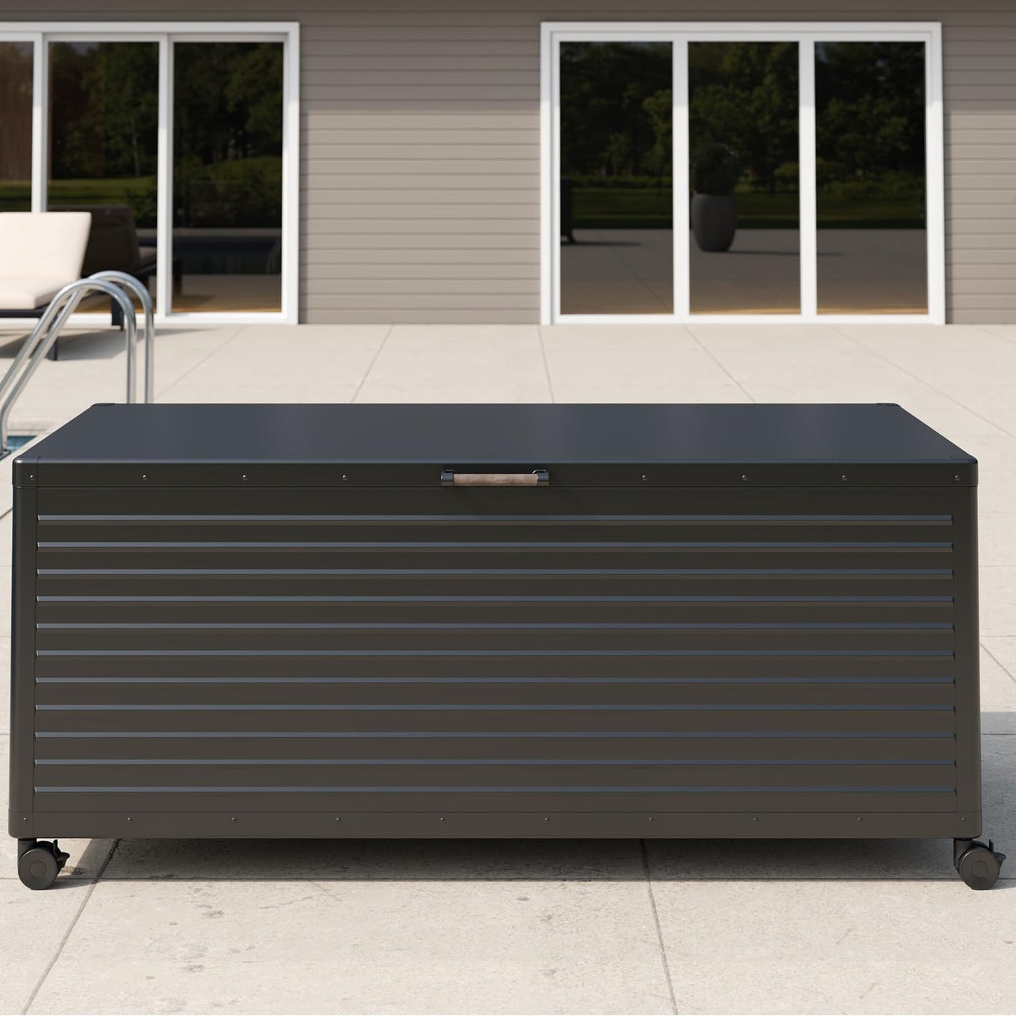 MIRADOR 281 Gallon Outdoor Storage Box with Wheels & Soft-Close Lid, Waterproof Metal Deck Box for Patio Cushions, Garden Tools & Pool Accessories, Charcoal