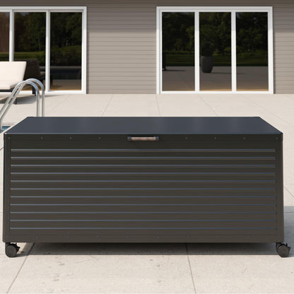 MIRADOR 281 Gallon Outdoor Storage Box with Wheels & Soft-Close Lid, Waterproof Metal Deck Box for Patio Cushions, Garden Tools & Pool Accessories, Charcoal