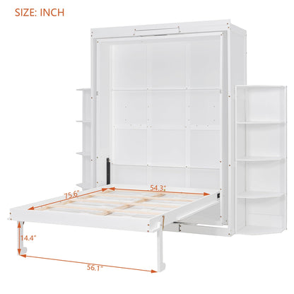 Rotating Full Murphy Bed with Hidden Wall Cabinet, Dual 3-Tier Side Shelves, Convertible Desk, Extra Storage Racks, Space-Saving Multifunctional Wall Bed for Home Office &Small Rooms, White