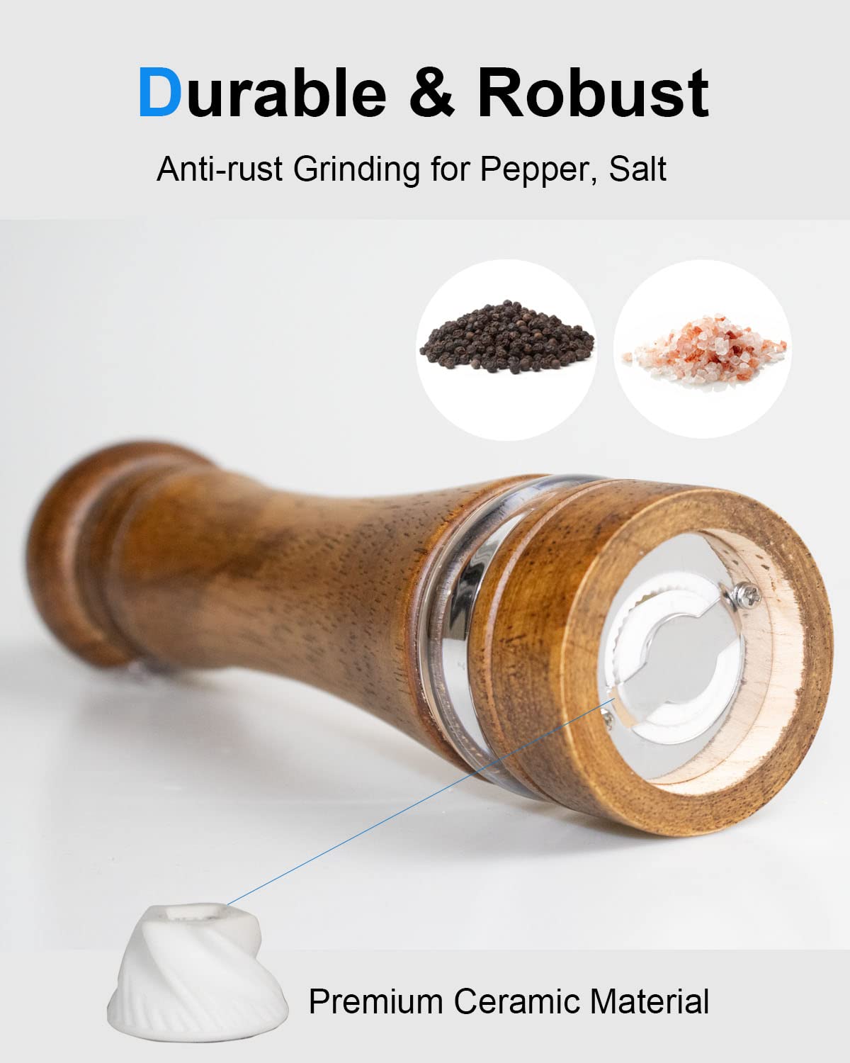 TooWoom Pepper Grinder Salt Grinder Wooden Pepper Mill Grinder w/Adjustable Coarse, 8 inch Tall Wood Refillable Manual Pepper Grinder Mill Peppermill for Black Peppercorn, Easy Clean w/Cleaning Brush