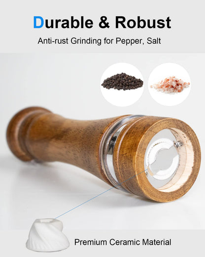 TooWoom Pepper Grinder Salt Grinder Wooden Pepper Mill Grinder w/Adjustable Coarse, 8 inch Tall Wood Refillable Manual Pepper Grinder Mill Peppermill for Black Peppercorn, Easy Clean w/Cleaning Brush