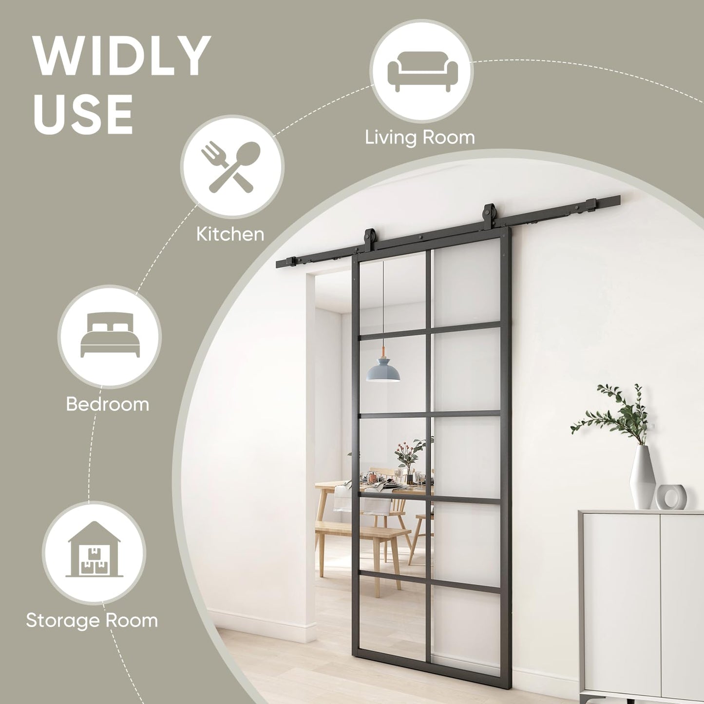 Jubest DIY Glass Sliding Closet Kitchen Door, 36in x 84in Modern French 5-Lite Clear Tempered Glass Aluminum Frame, Easy Assembly