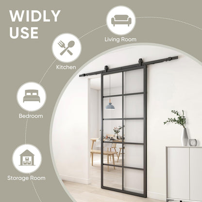 Jubest DIY Glass Sliding Closet Kitchen Door, 36in x 84in Modern French 5-Lite Clear Tempered Glass Aluminum Frame, Easy Assembly