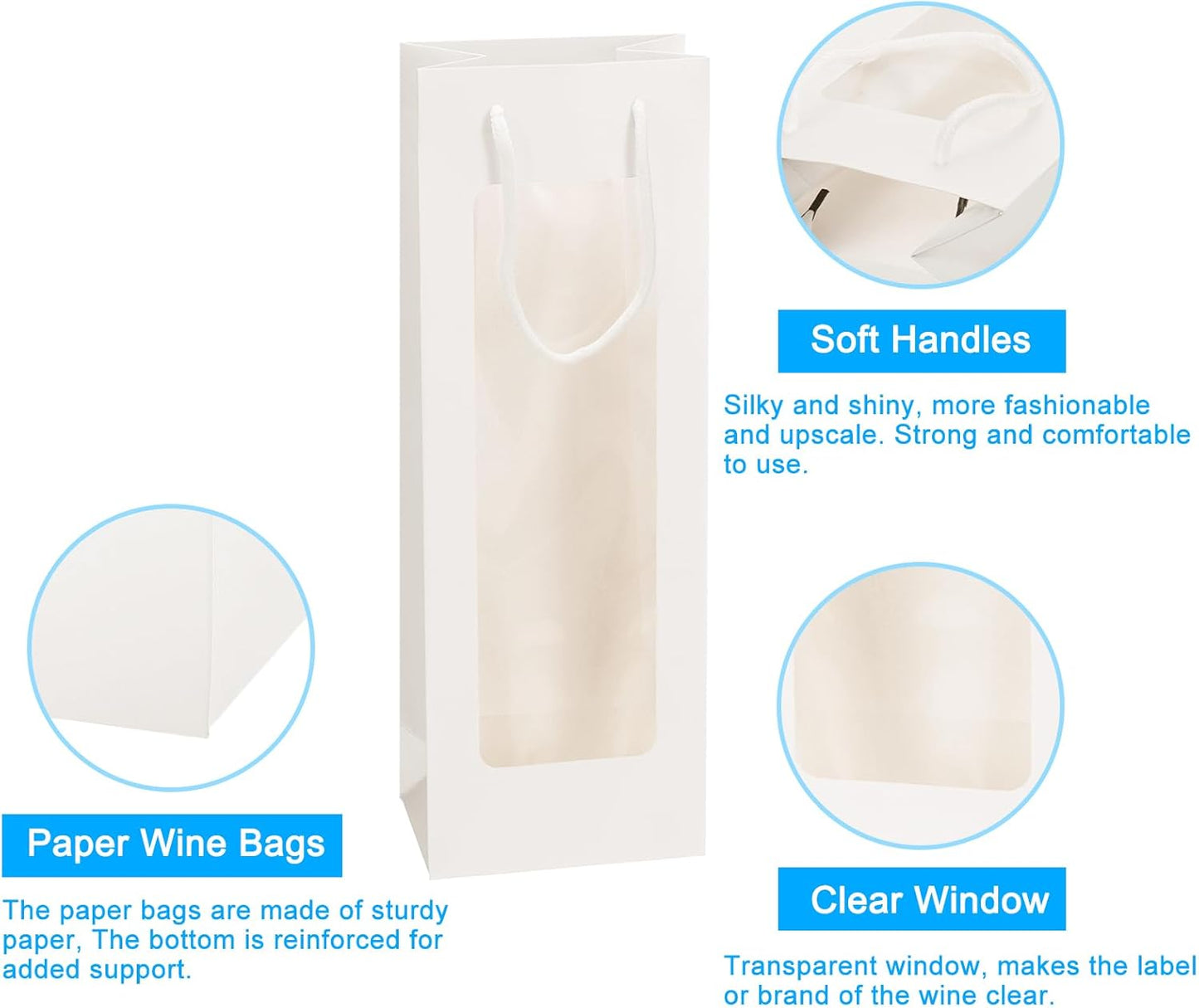 uxcell 12pcs Wine Gift Bags, 4.92"x3.35"x14.2" Paper Tote Bags with Rope Handles, Clear Window for Party Supplies, White