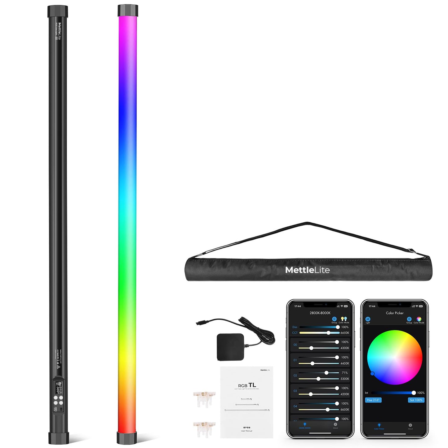 Mettlelite TLX4C RGB Tube Light, Full Color RGBWW LED Video Light Stick with APP DMX Control, 4ft 2800K-8000K, Customizable Light Effects, Rechargeable, CRI97+ TLCI98+ for Studio Photography Video