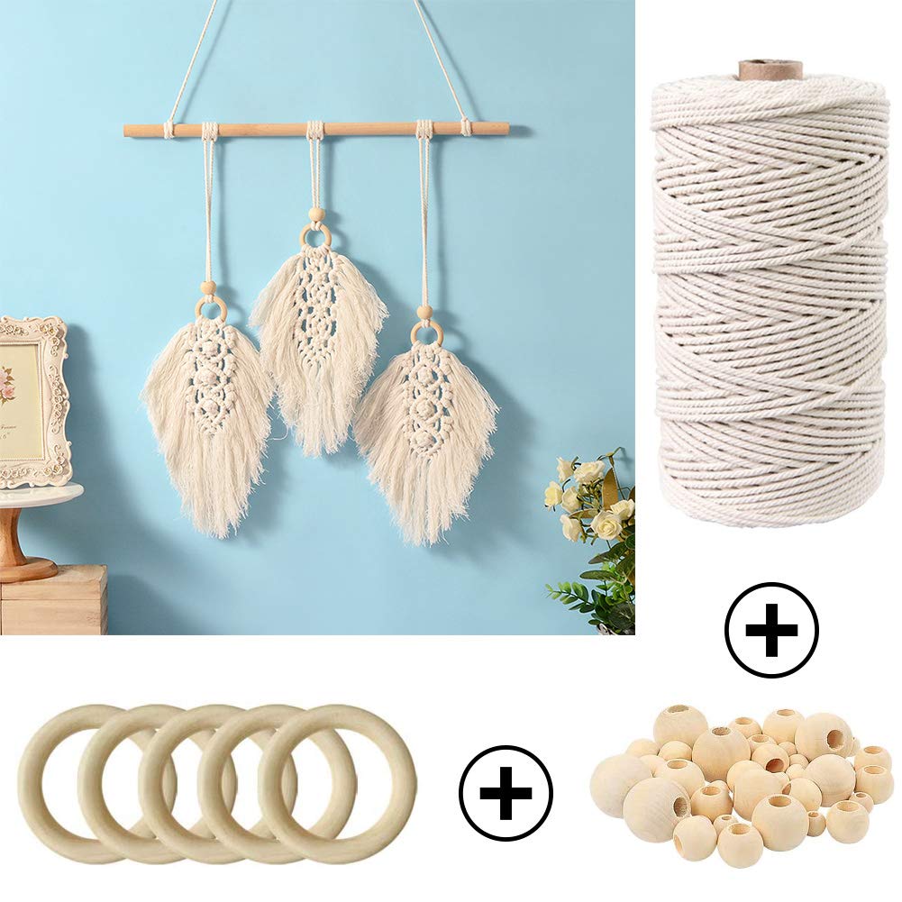 169pcs Macrame Kits for Beginners 3mm x 220yards Natural Cotton Macrame Cord Wall Hanging Kit, Best Macrame Supplies for Macrame Plant Hanger with Wooden Beads,Wooden Rings,Wooden Sticks,S Hooks