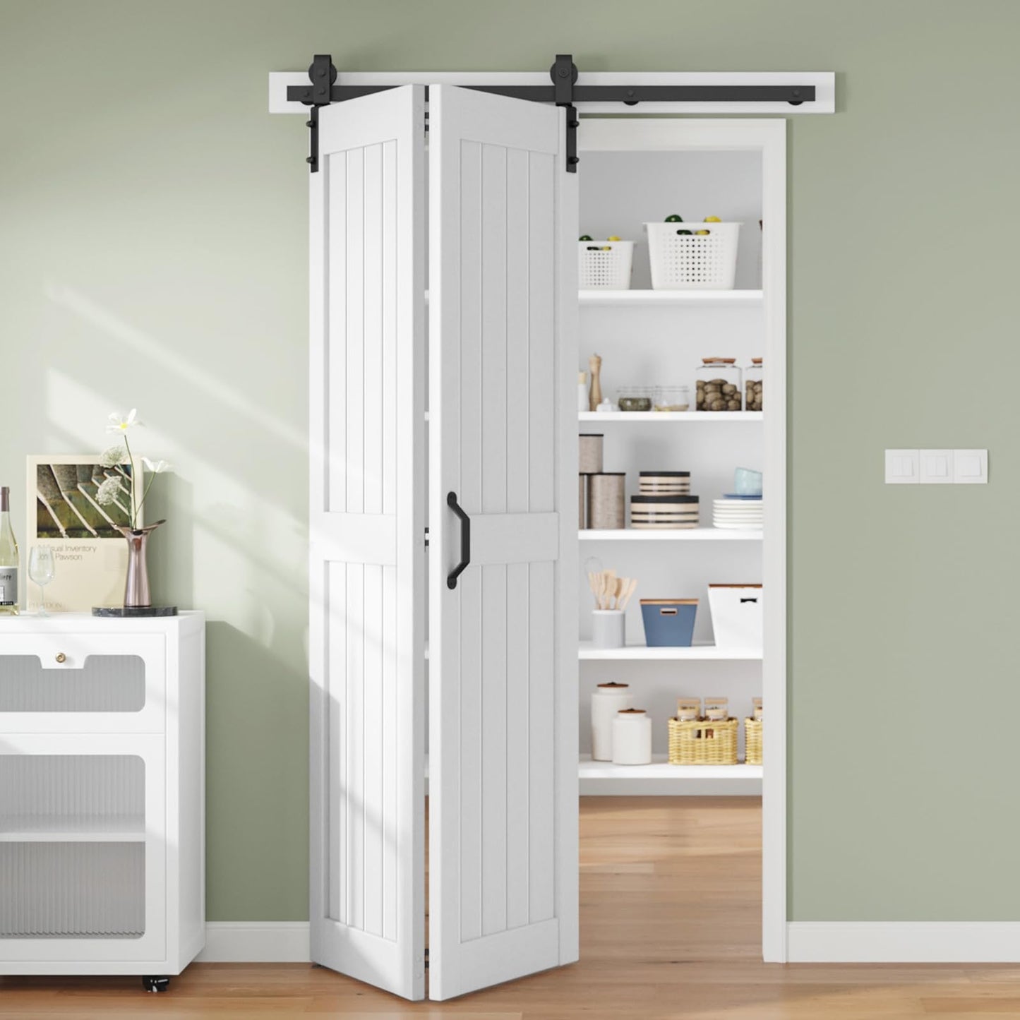 Finosen Bifold Barn Door 48 x 84 in (Double 24 inch)，Bi-fold Sliding Closet Doors with Hardware Track kit Included, 4.3ft Rail for 2 Doors, MDF Wood Panel,PVC Surface, Save Space,DIY Assembly, White