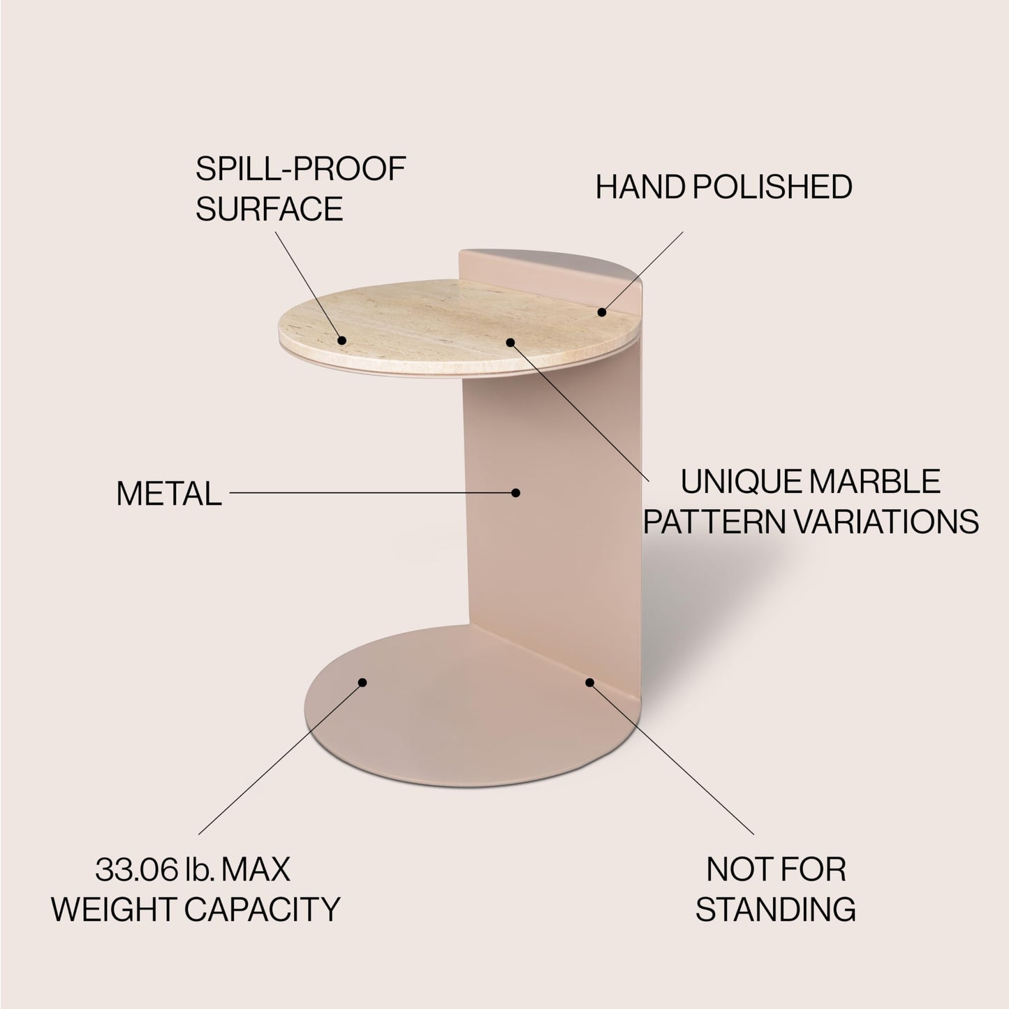 JONATHAN Y Evelyn Modern Natural Marble C-Shaped End Table, 20" Round Side Snack Table with Matte Pink Beige Iron Frame for Living Room, Small Accent Table for Sofa MTB1102A
