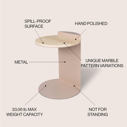 JONATHAN Y Evelyn Modern Natural Marble C-Shaped End Table, 20" Round Side Snack Table with Matte Pink Beige Iron Frame for Living Room, Small Accent Table for Sofa MTB1102A
