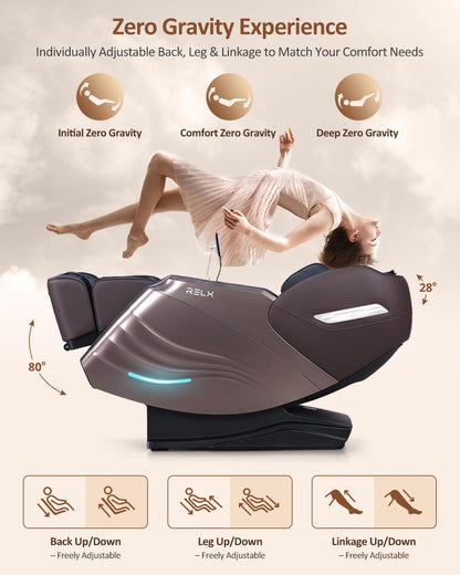 RELX Massage Chair Full Body, 20 Modes Zero Gravity SL-Track Shiatsu Massage Chair Built-in Heat System, Airbag Massage with Body Scan, Deep Yoga Stretch, Calfrest Extension and AI Control(Brown)