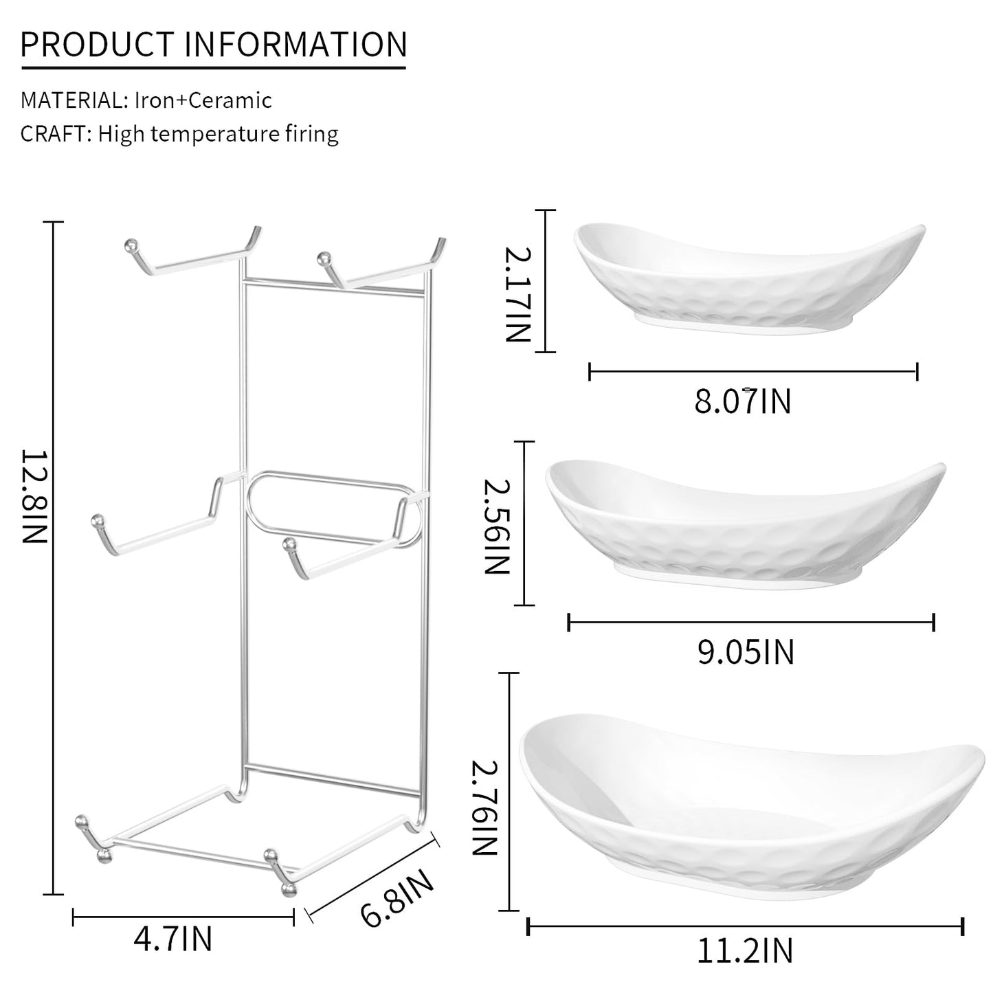 Acliys Fruit Bowl, 3 Tier Ceramic Fruit Basket, 3 Tier Serving Stand Serving Bowl with Metal Rack, Porcelain Kitchen Bowls for Fruit Vegetable Snack Nuts Dessert Cake Tray for Party Wedding