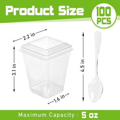 200 Pack 5 oz Plastic Dessert Cups with Lids and Spoons, Disposable Parfait Shooter Pudding Jello Cups for Wedding