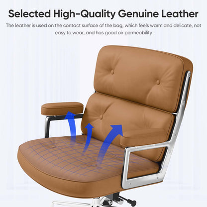 Genuine Leather Office Chair, Mid Back Executive Desk Chairs with Aluminum Arms and Wheels, Swivel Office Leather Chair with Thickened Backrest and Ergonomic Lumbar Support, Light Brown