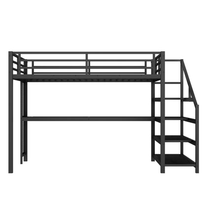 Bellemave Queen Loft Bed with Desk & Storage Stairs, Metal Queen Size Loft Bed Frame with Iron Nets, LED Lights & USB Ports, Heavy Duty Adult LoftBed for Bedroom, Noise-Free, Black Wood