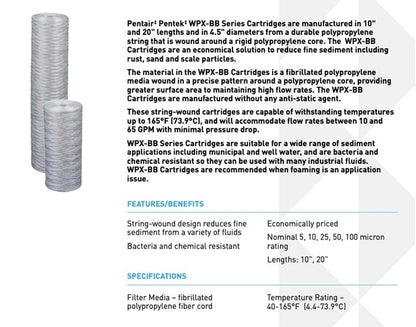 Pentek - 355226-43 WPX100BB20P String-Wound Polypropylene Filter Cartridge, 20" x 4.5", 100 Microns