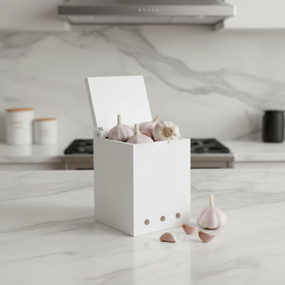 Mowhut Garlic Keeper for Countertop, Wooden Storage Box with Solid Wood Cover, Ventilation Holes, White Holder Container for Kitchen Pantry, Ginger and Shallots