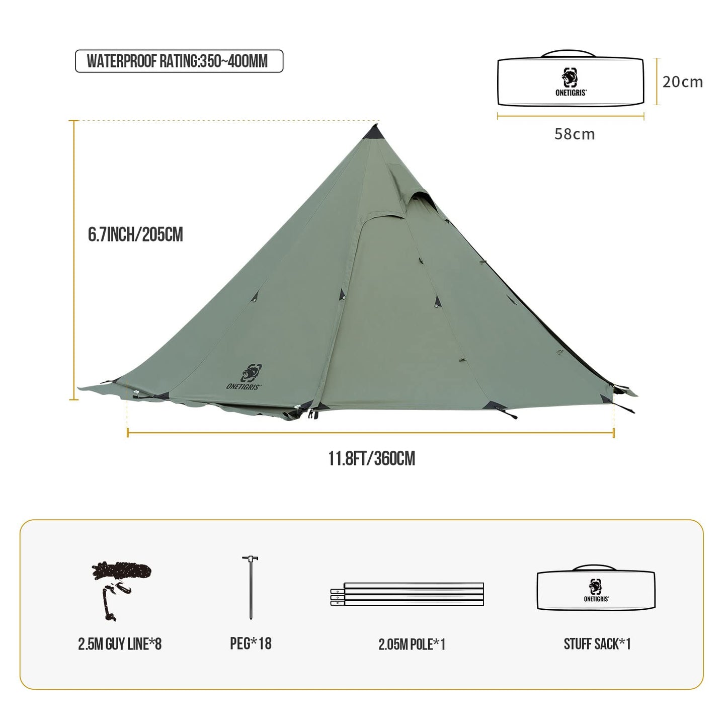 OneTigris Northgaze Canvas Hot Tent with Stove Jack, Wind-Proof Flame-Retardant, Durable 4 Season Camping Pyramid Teepee Tent for 2-4 Person (OD Green)