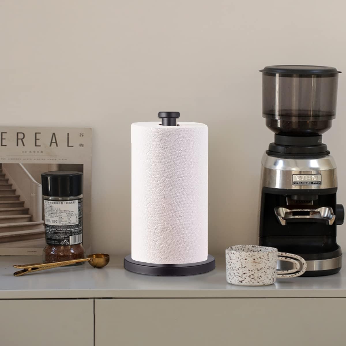 Stainless Steel Paper Towel Holder, Black Countertop Stand for Kitchen Bathroom with Weighted Base for Standard Rolls