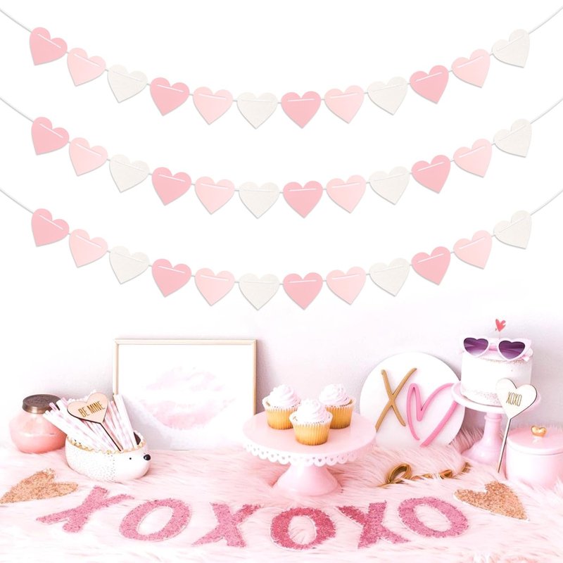 Pink-White Girls Birthday Party-Decorations Streamers-Garland - 40Ft Heart Galentines Hanging Paper Banner,Valentines Baby Bridal Shower Bachelorette Anniversary Mothers Day Supplies Decor Ouruola